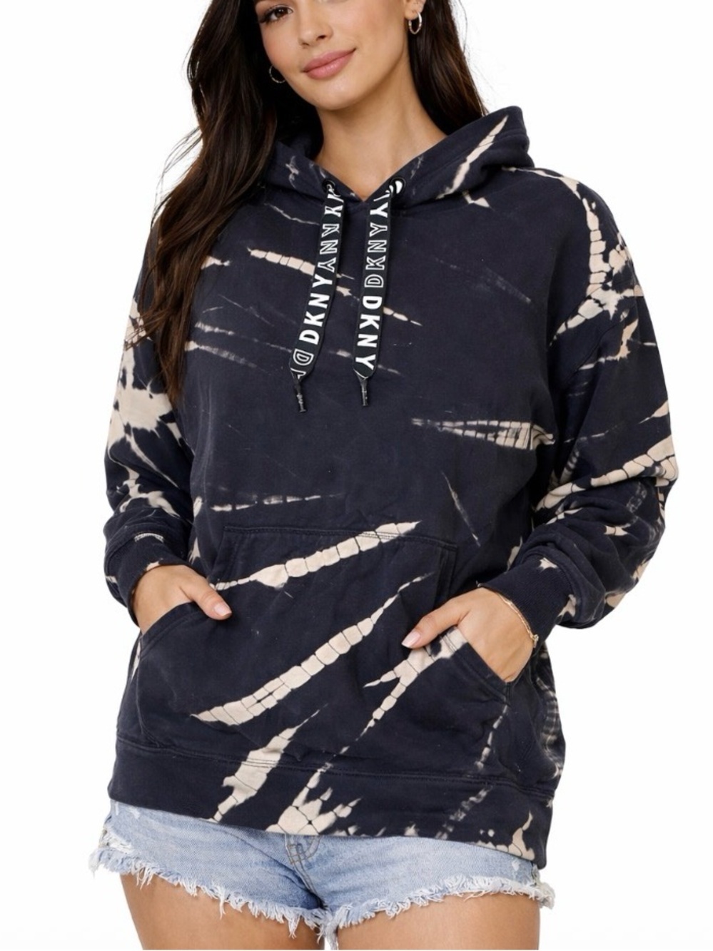 DKNY hooded sweatshirt black white tie dyed long kangaroo pocket SZ LG *Flawed*